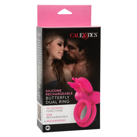 CalExotics Silicone Rechargeable Pink Butterfly Dual Ring with 12 Vibration Functions and Waterproof Design Cock Rings Vibrating