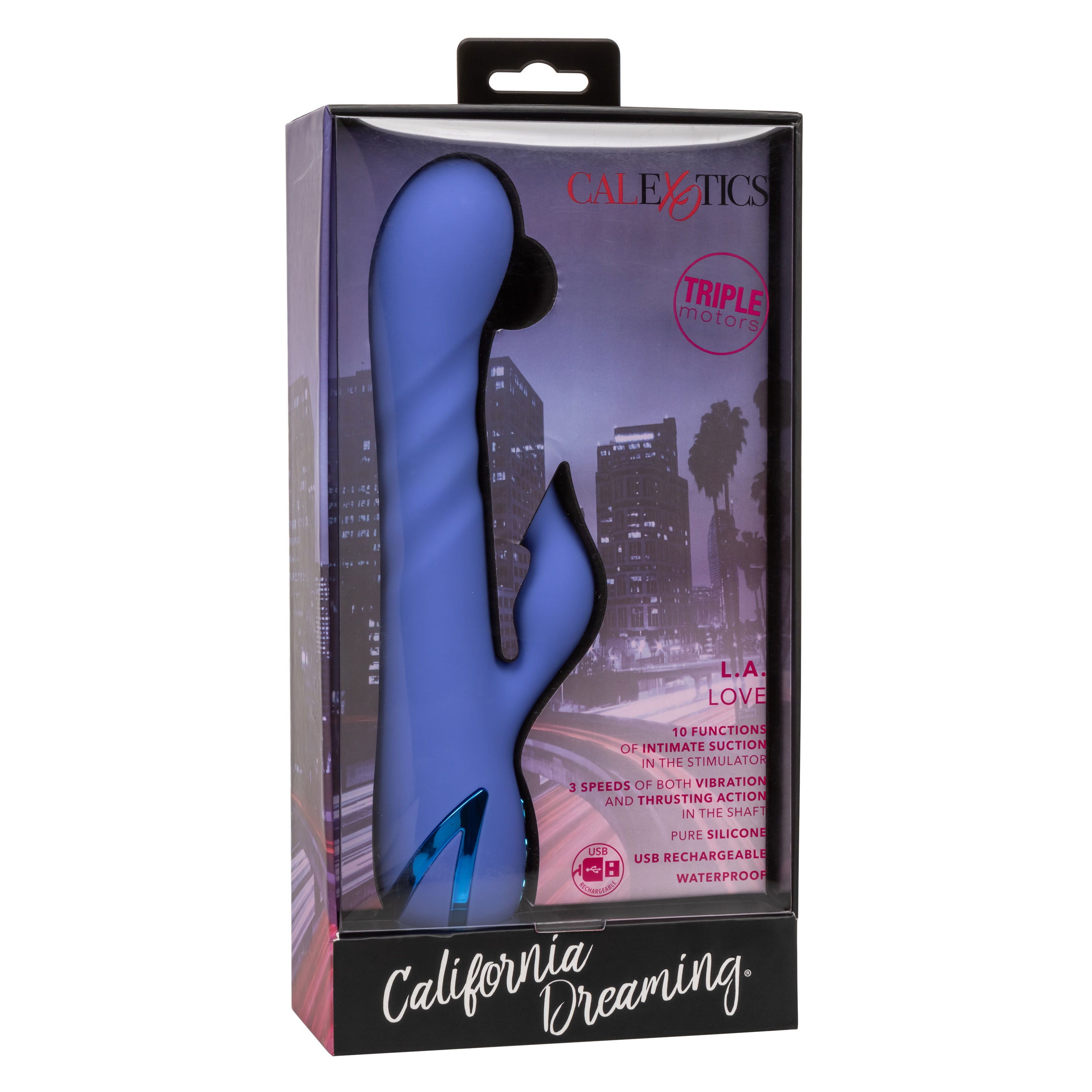 California Dreaming LA Love Blue Silicone Triple Motor Rechargeable Massager with 10 Functions of Intimate Suction and 3 Speeds of Vibration and Thrusting VIBRATORS-RABBIT-MULTI