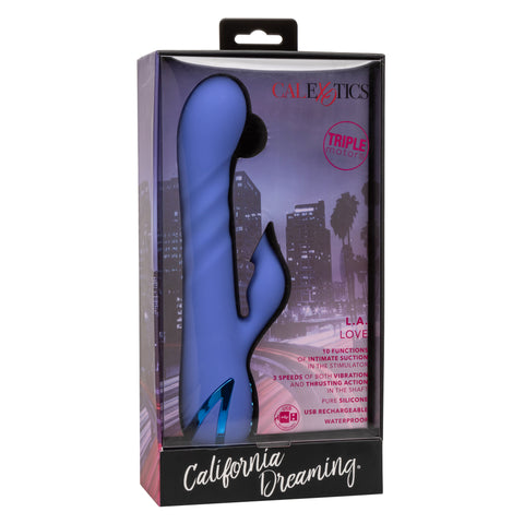 California Dreaming LA Love Blue Silicone Triple Motor Rechargeable Massager with 10 Functions of Intimate Suction and 3 Speeds of Vibration and Thrusting VIBRATORS-RABBIT-MULTI