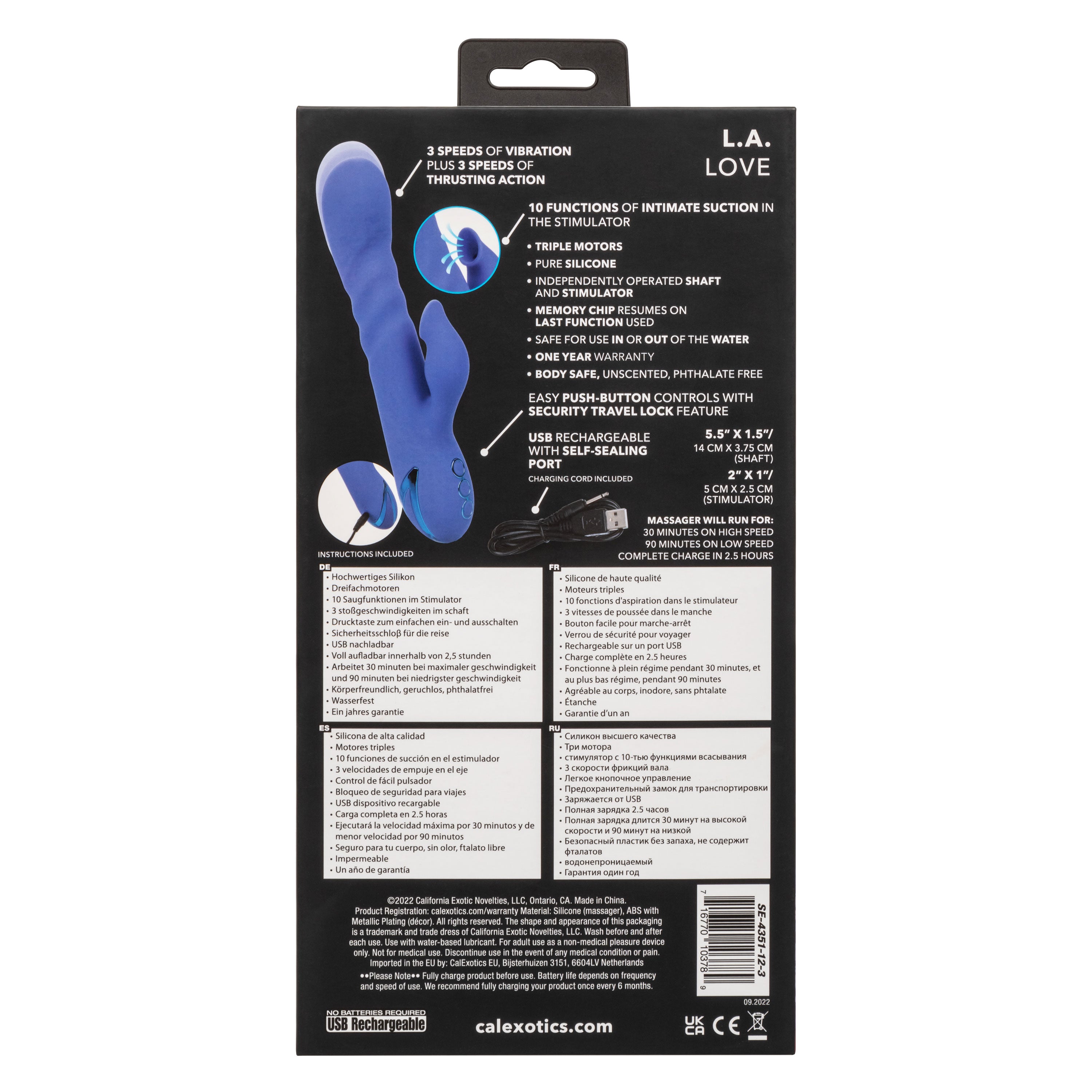 California Dreaming LA Love Blue Silicone Triple Motor Rechargeable Massager with 10 Functions of Intimate Suction and 3 Speeds of Vibration and Thrusting VIBRATORS-RABBIT-MULTI