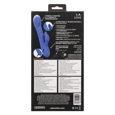 California Dreaming LA Love Blue Silicone Triple Motor Rechargeable Massager with 10 Functions of Intimate Suction and 3 Speeds of Vibration and Thrusting VIBRATORS-RABBIT-MULTI