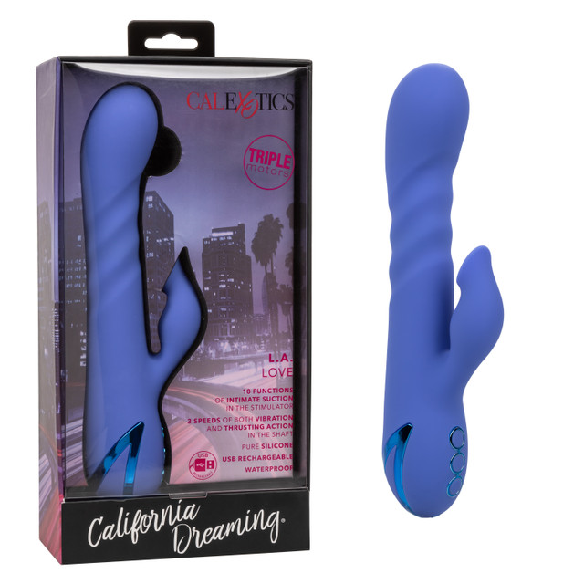 California Dreaming LA Love Blue Silicone Triple Motor Rechargeable Massager with 10 Functions of Intimate Suction and 3 Speeds of Vibration and Thrusting VIBRATORS-RABBIT-MULTI