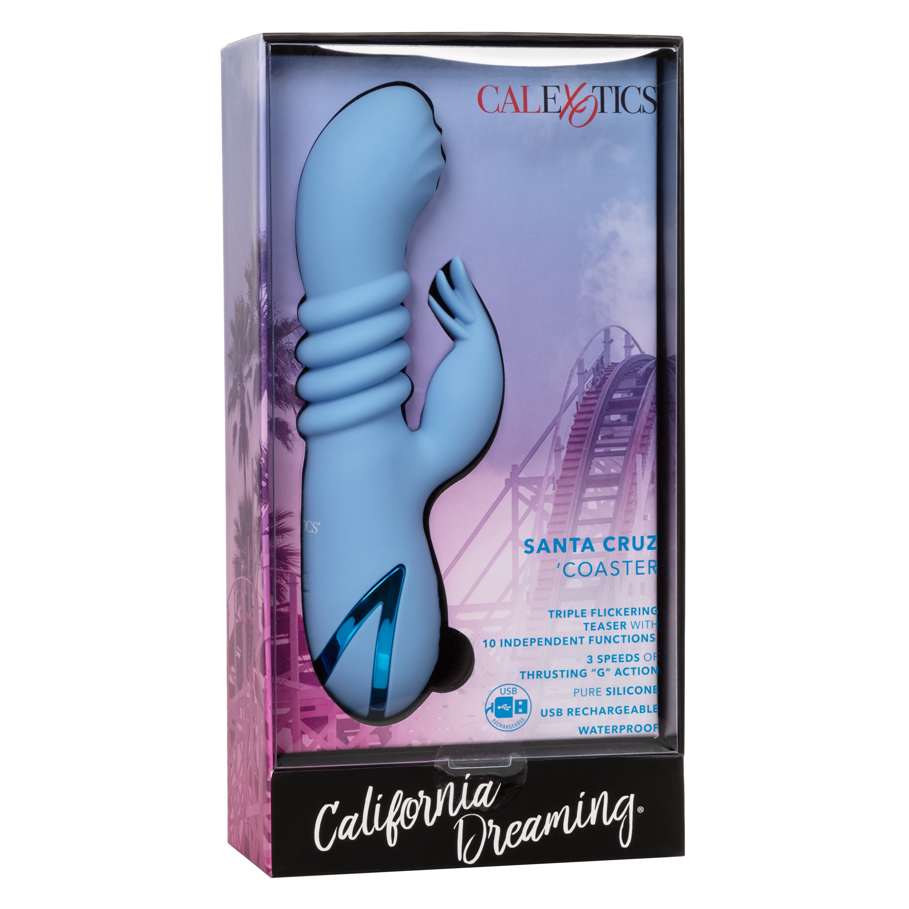 California Dreaming Santa Cruz Blue Coaster Massager with Triple Flickering Teaser and USB Rechargeable Waterproof Design VIBRATORS-RABBIT