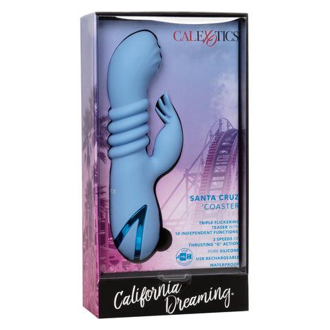 California Dreaming Santa Cruz Blue Coaster Massager with Triple Flickering Teaser and USB Rechargeable Waterproof Design VIBRATORS-RABBIT