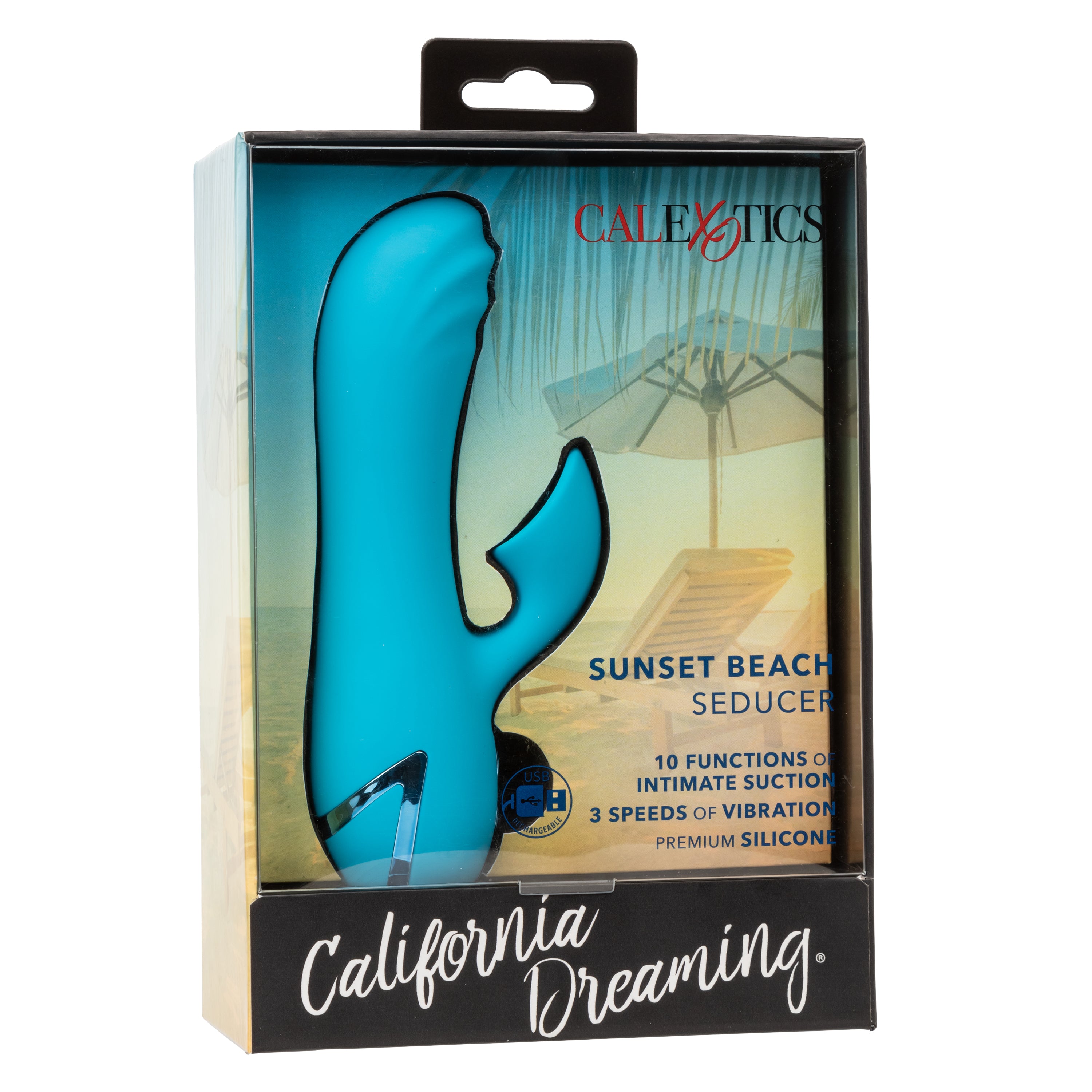 California Dreaming Sunset Beach Seducer Blue Silicone Dual Stimulator with 3 Vibration Speeds and 10 Suction Functions VIBRATORS-RABBIT