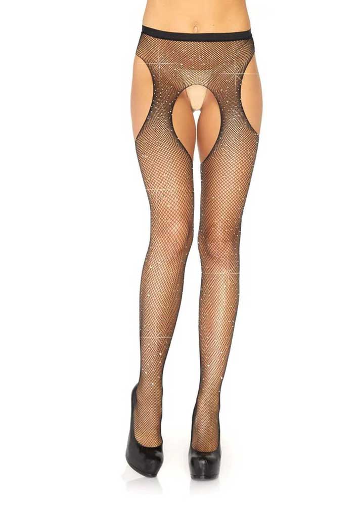 Casey Rhinestone Fishnet Suspender Pantyhose Black One Size > Clothes > Hosiery > Garterbelt Sets