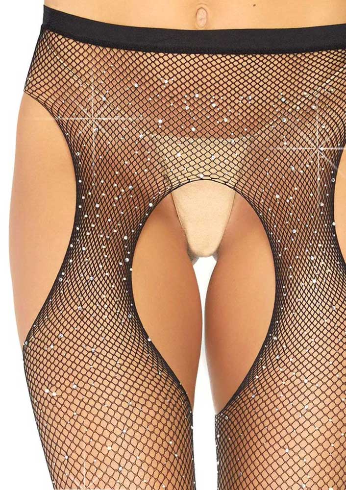 Casey Rhinestone Fishnet Suspender Pantyhose Black One Size > Clothes > Hosiery > Garterbelt Sets