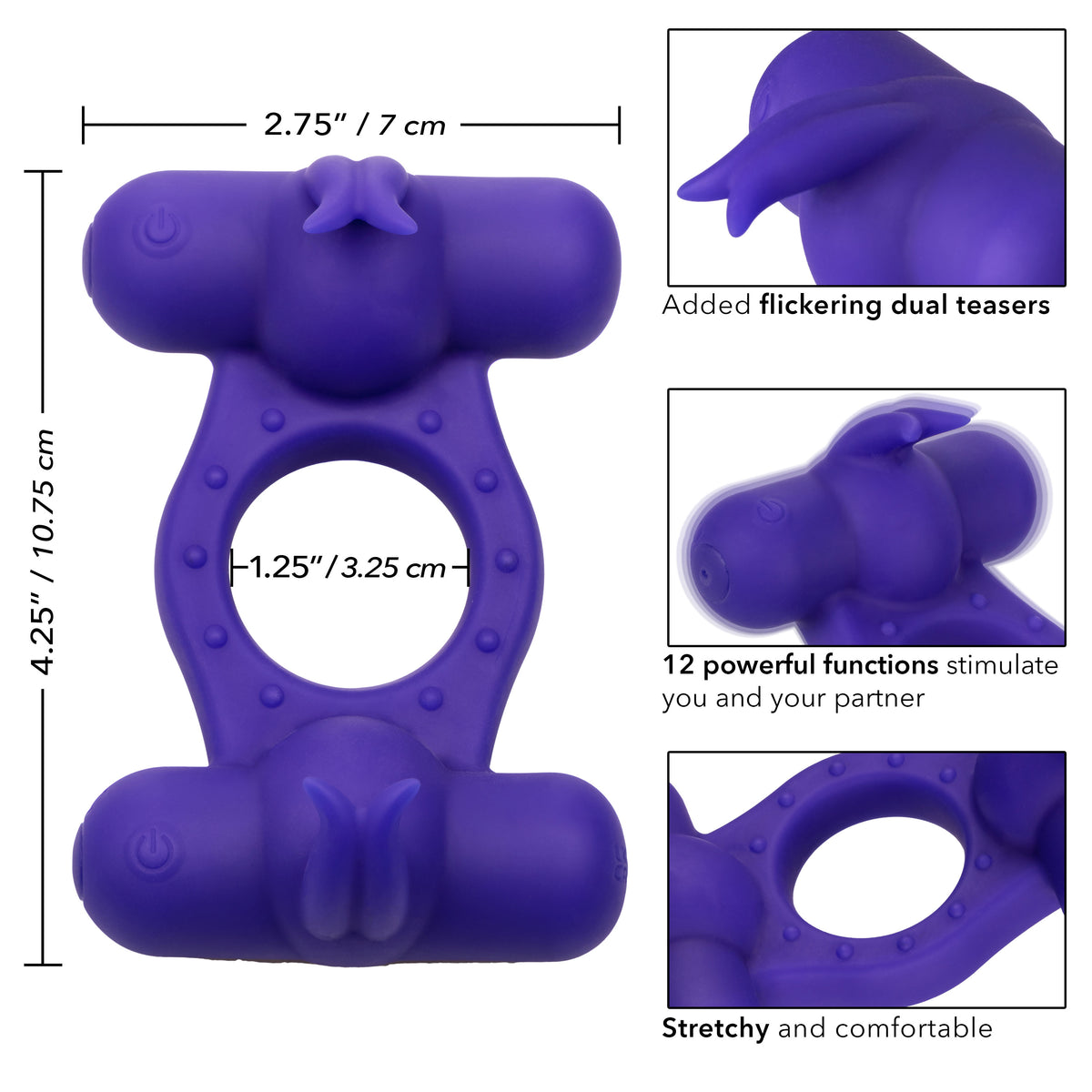 Silicone Triple Orgasm Enhancer in Purple with 12 Vibration Functions and Dual Independent Motors Purple > Cock Ring > Vibrating