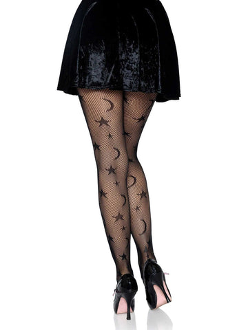 Celestial Fishnet Tights With Stars and Moons Black One Size Hosiery