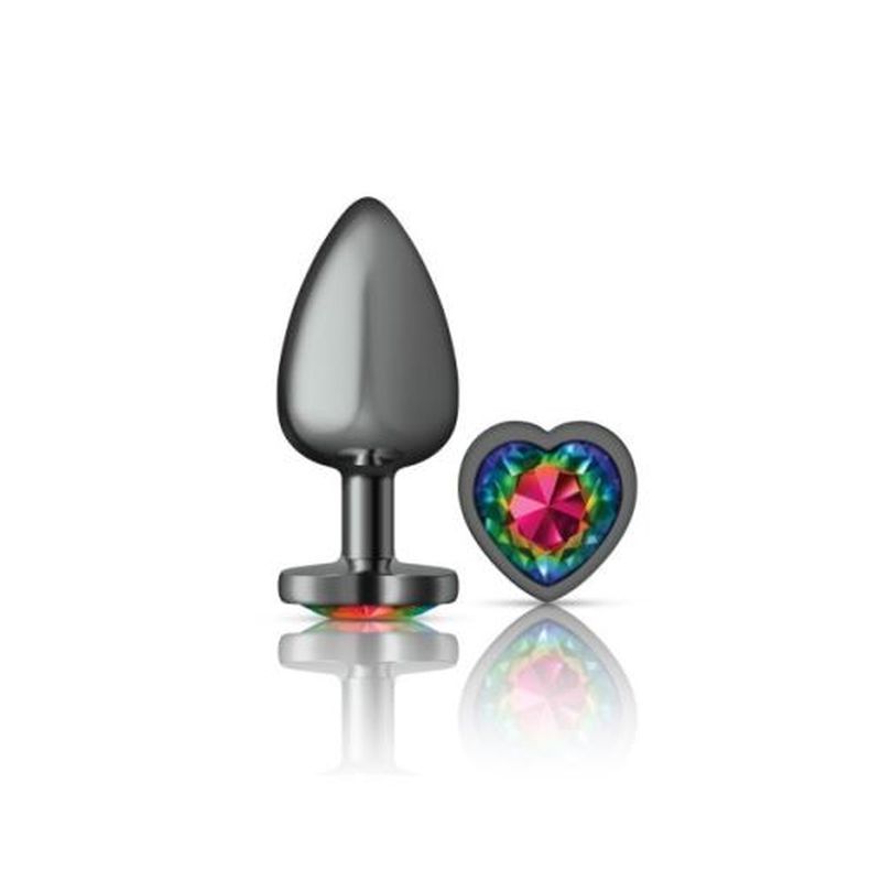 Cheeky Charms Gunmetal Butt Plug with Heart Rainbow Jewel Large (9.12cm) > Anal Range > Jewel Butt Plugs