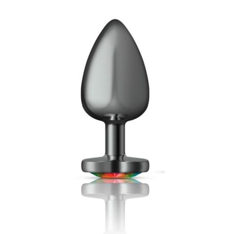 Cheeky Charms Gunmetal Butt Plug with Heart Rainbow Jewel Large > Anal Range > Jewel Butt Plugs