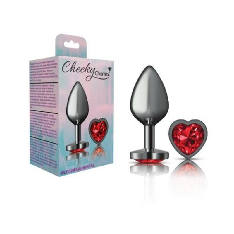 Cheeky Charms Gunmetal Butt Plug with Heart Red Jewel Medium Secondary image