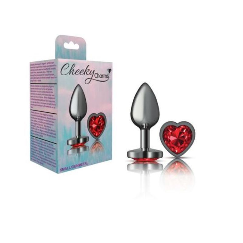 Cheeky Charms Gunmetal Butt Plug with Heart Red Jewel Small (6.78cm) > Anal Range > Jewel Butt Plugs