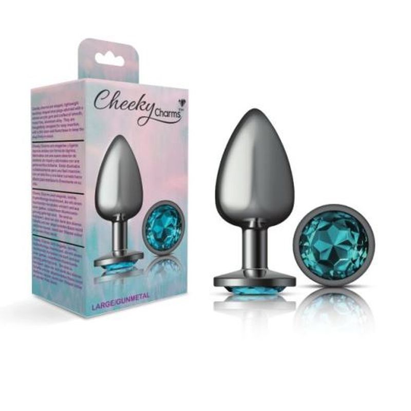 Cheeky Charms Gunmetal Round Butt Plug with Teal Jewel Large (9.12cm) > Anal Range > Jewel Butt Plugs
