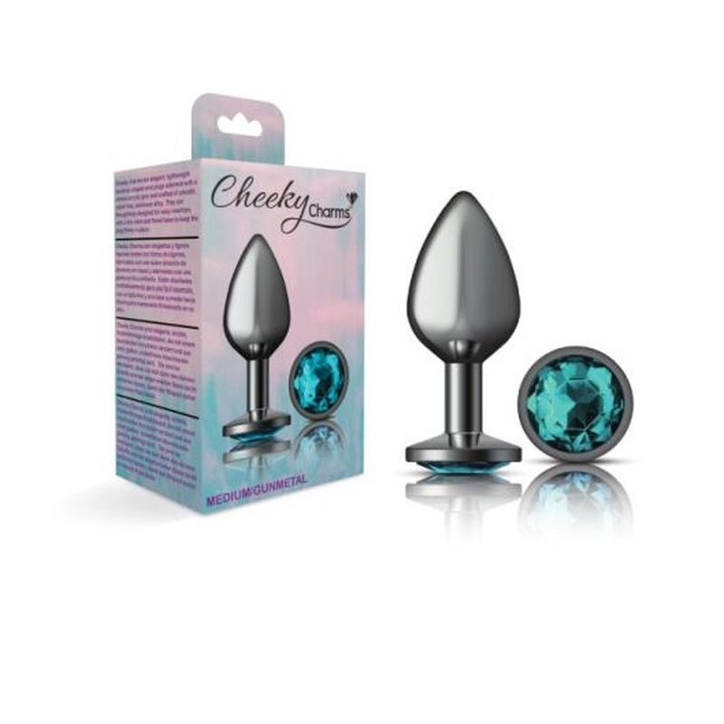 Cheeky Charms Gunmetal Round Butt Plug with Teal Jewel Medium (8.03cm) > Anal Range > Jewel Butt Plugs