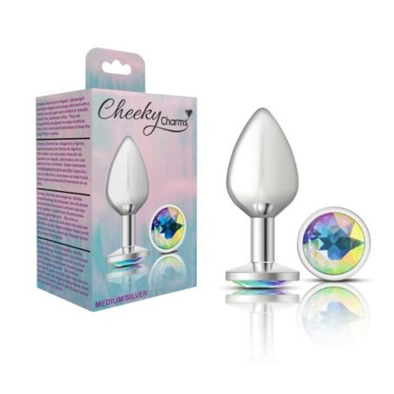 Cheeky Charms Silver Round Butt Plug with Clear Iridescent Jewel Medium (8.03cm) > Anal Range > Jewel Butt Plugs