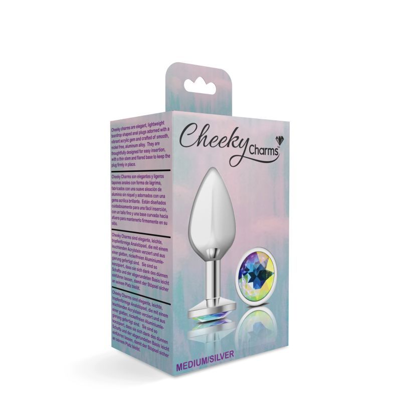 Cheeky Charms Silver Round Butt Plug with Clear Iridescent Jewel Medium (8.03cm) > Anal Range > Jewel Butt Plugs