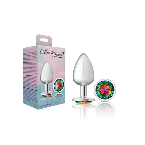 Cheeky Charms Silver Round Butt Plug with Rainbow Jewel Large > Anal Range > Jewel Butt Plugs