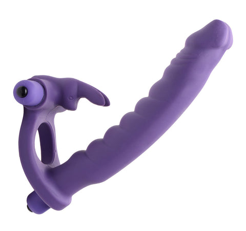 Double Delight Dual Insertion Vibrating Rabbit Cock Ring Toy Purple Cock Rings Vibrating