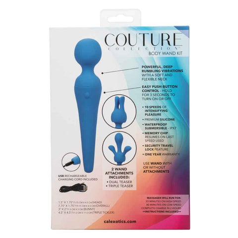 Couture Collection™ Body Wand Kit Blue Silicone USB Rechargeable Waterproof with Dual and Triple Teaser Attachments Electric Massager
