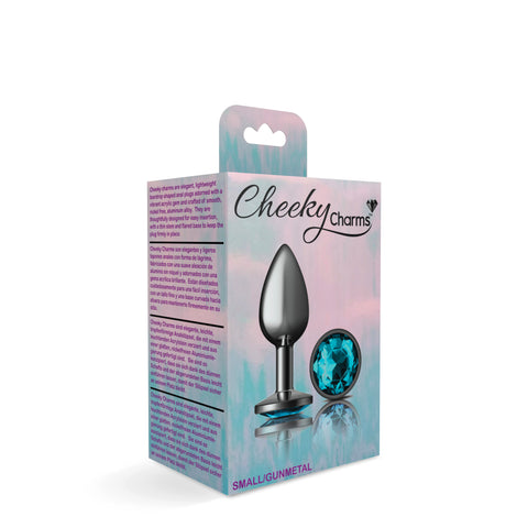 Cheeky Charms Gunmetal Round Butt Plug With Teal Jewel Small > Anal Range > Jewel Butt Plugs