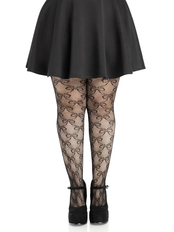 Plus Bow Net Tights – Plus Size Nylon Spandex Tights Black 1X-2X > Clothes > Hosiery