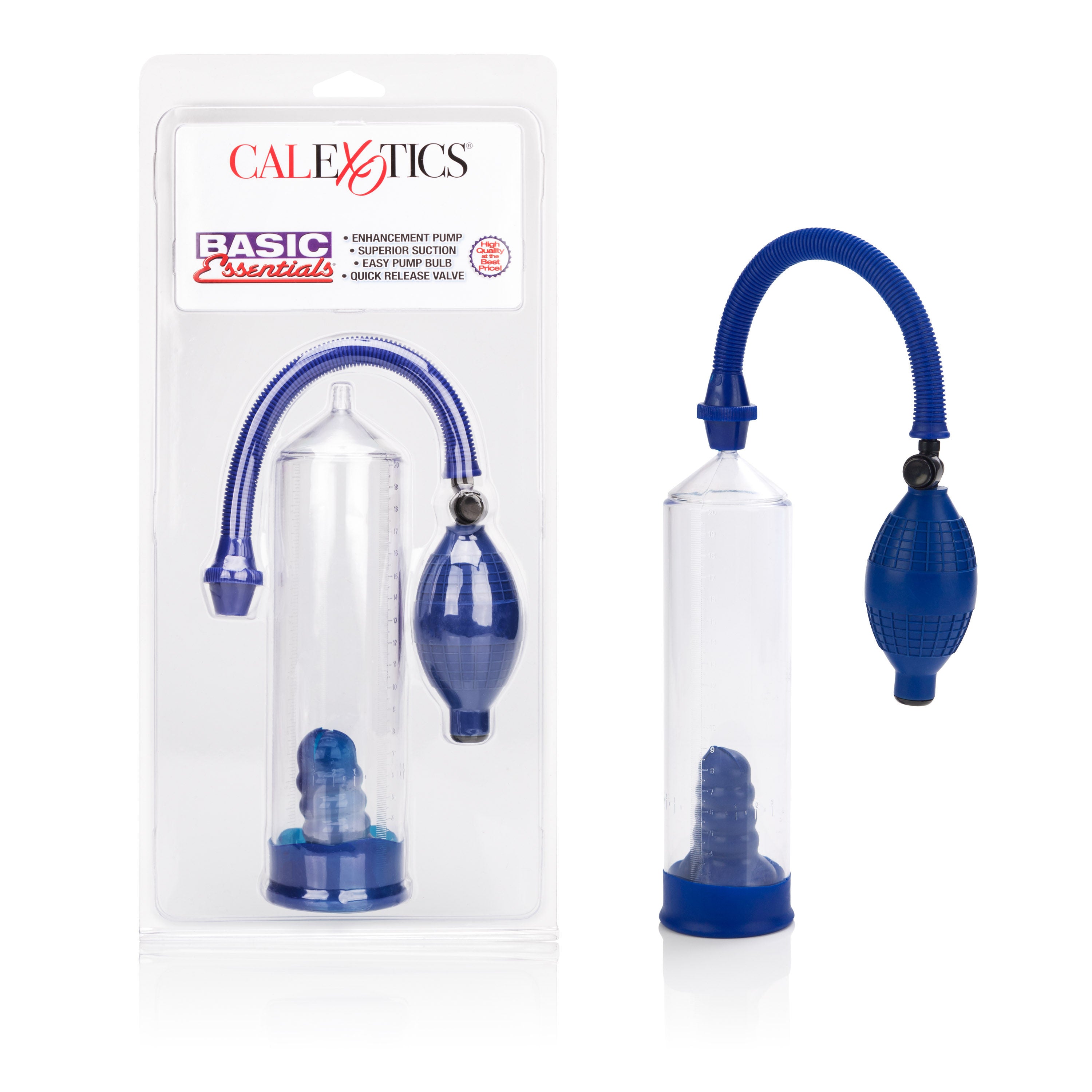 Basic Essentials Penis Pump with Soft Ribbed Latex Sleeve Blue PUMPS