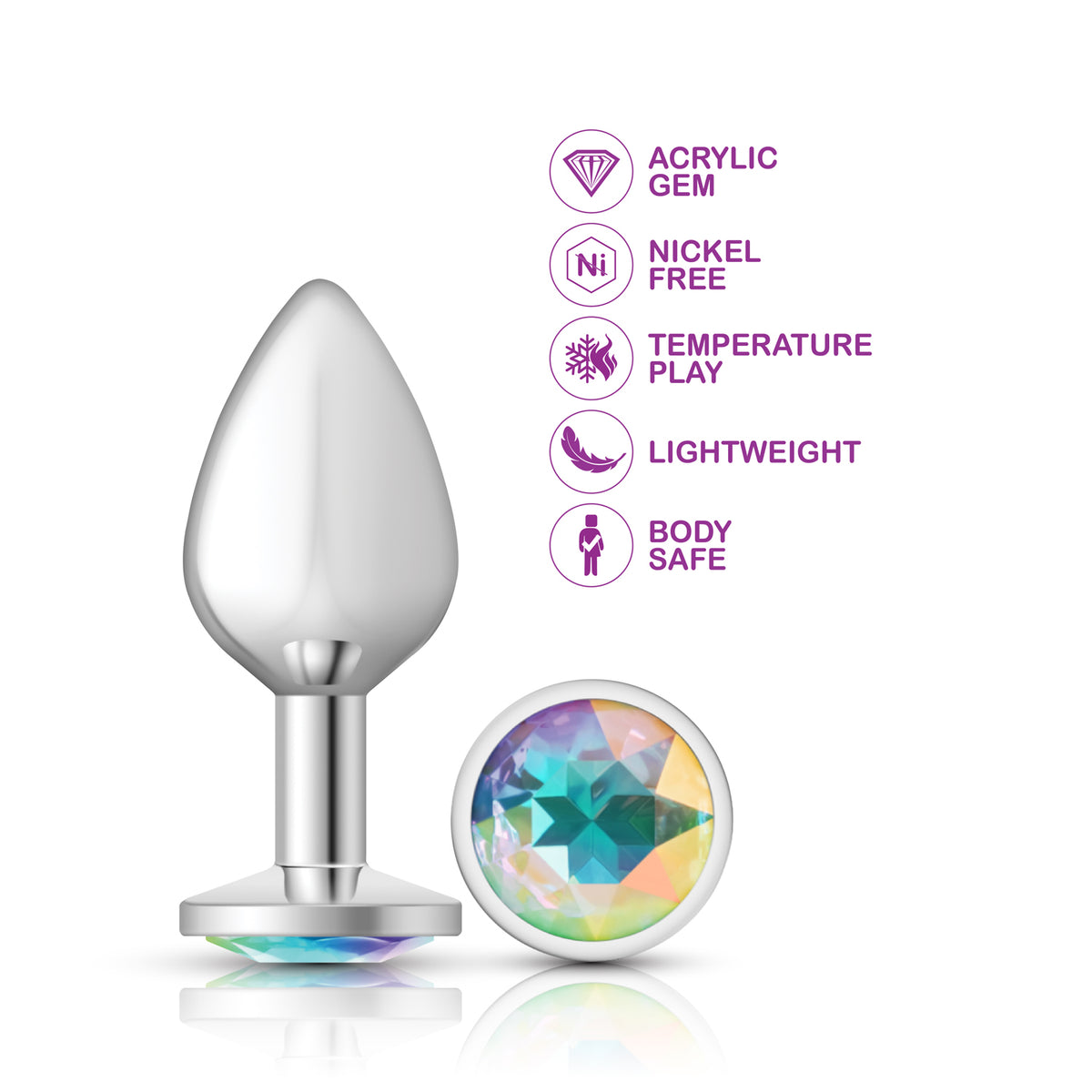 Cheeky Charms Silver Round Butt Plug with Clear Iridescent Jewel Medium (8.03cm) > Anal Range > Jewel Butt Plugs