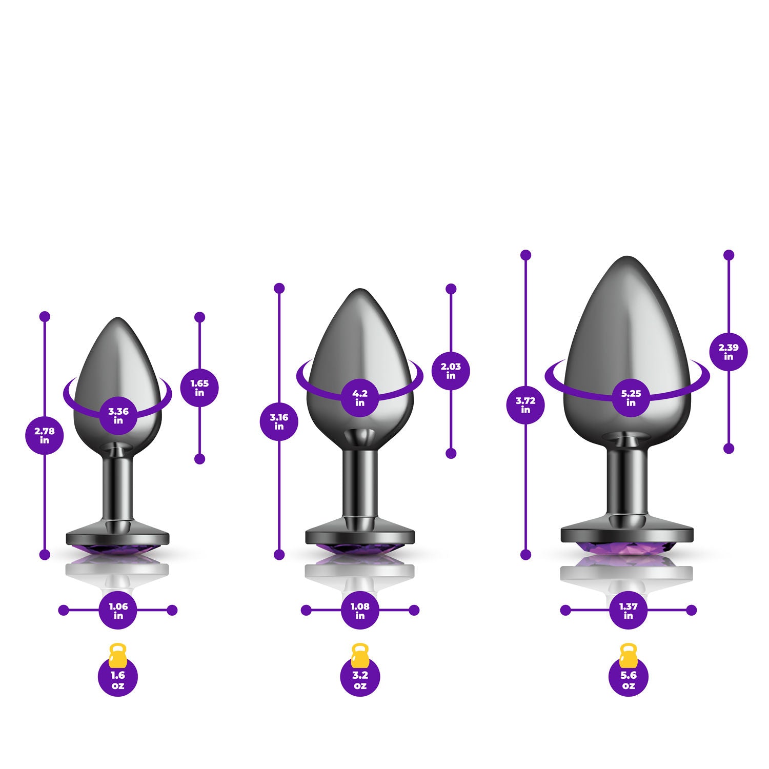 Purple Round Gem Anal Trainer Kit with Small Medium Large Plugs Butt Plugs