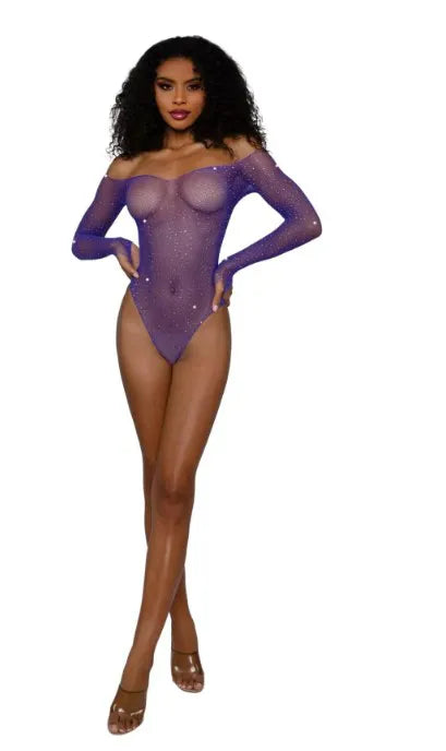 Rhinestone Off Shoulder Bodystocking – Nylon Spandex Bodystocking Purple One Size > Clothes > Bodies and Playsuits