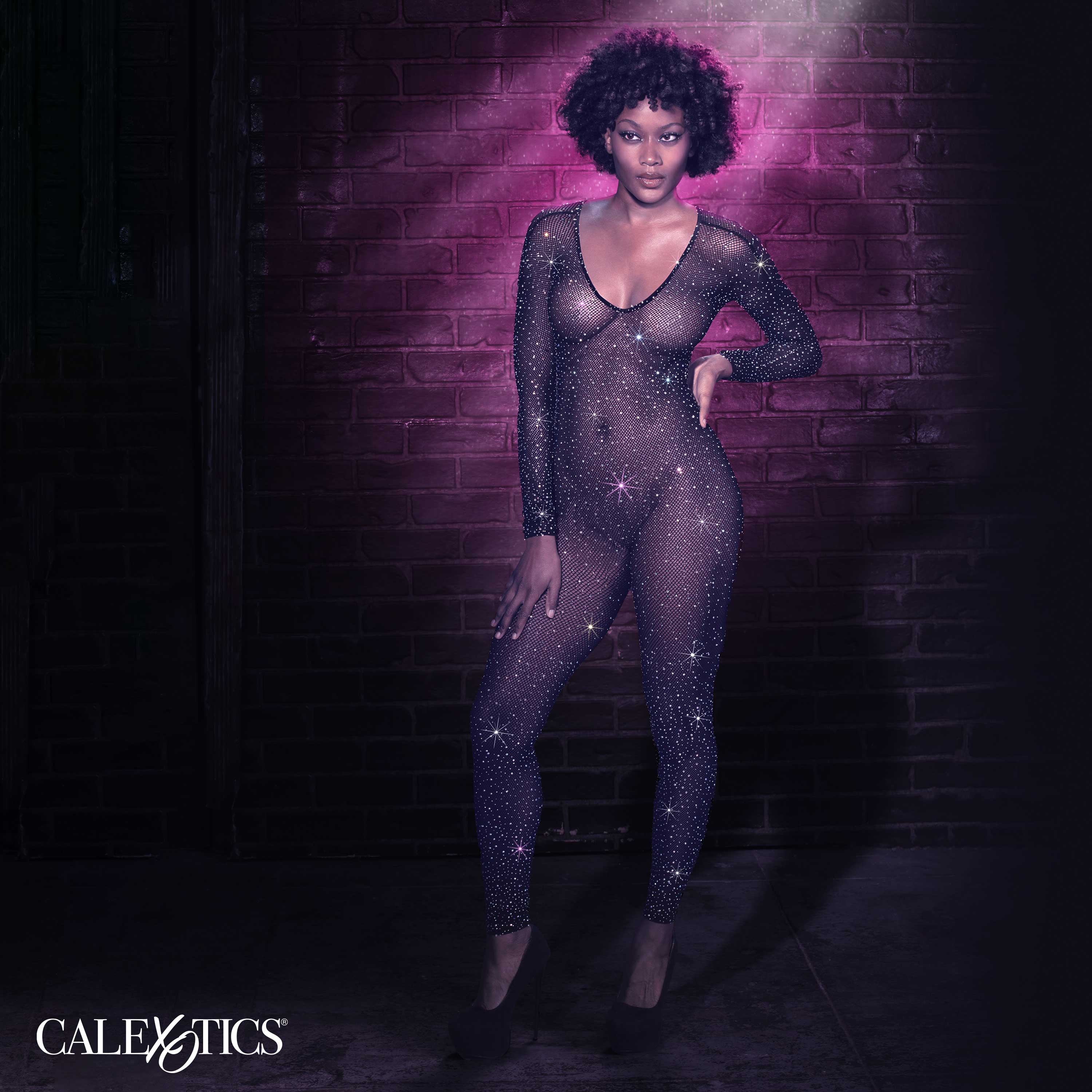 Radiance Crotchless Full Body Suit Black Mesh with Rhinestones, One Size Bodystocking