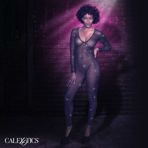 Radiance Crotchless Full Body Suit Black Mesh with Rhinestones, One Size Bodystocking