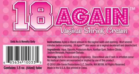 18 Again Vaginal Tightening Cream 44 ml 1.5 oz Enhancers Female