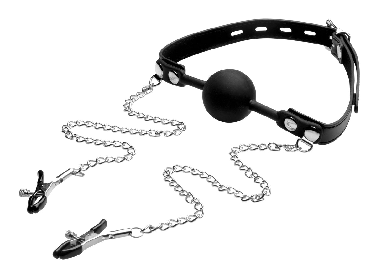 Silicone Ball Gag with Adjustable Nipple Clamps BDSM Toy Accessory Black > Bondage Gear > Gags and Bits