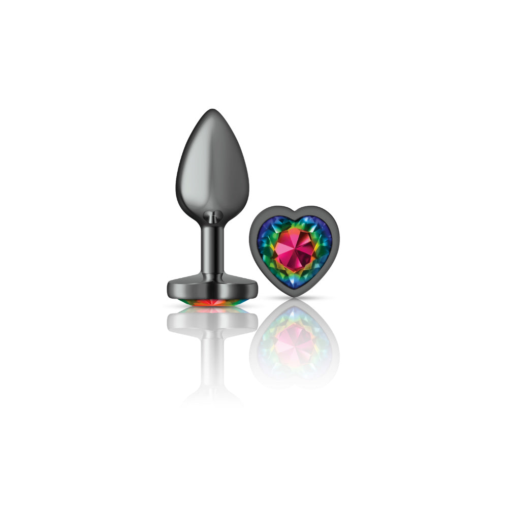Cheeky Charms Gunmetal Butt Plug with Heart Rainbow Jewel Small Multi Small > Anal Range > Jewel Butt Plugs