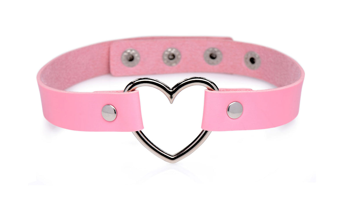 Dark Heart Pink Vegan Leather Choker with Chrome Heart Center > Bondage Gear > Collars & Leashes