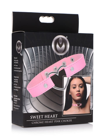 Dark Heart Pink Vegan Leather Choker with Chrome Heart Center > Bondage Gear > Collars