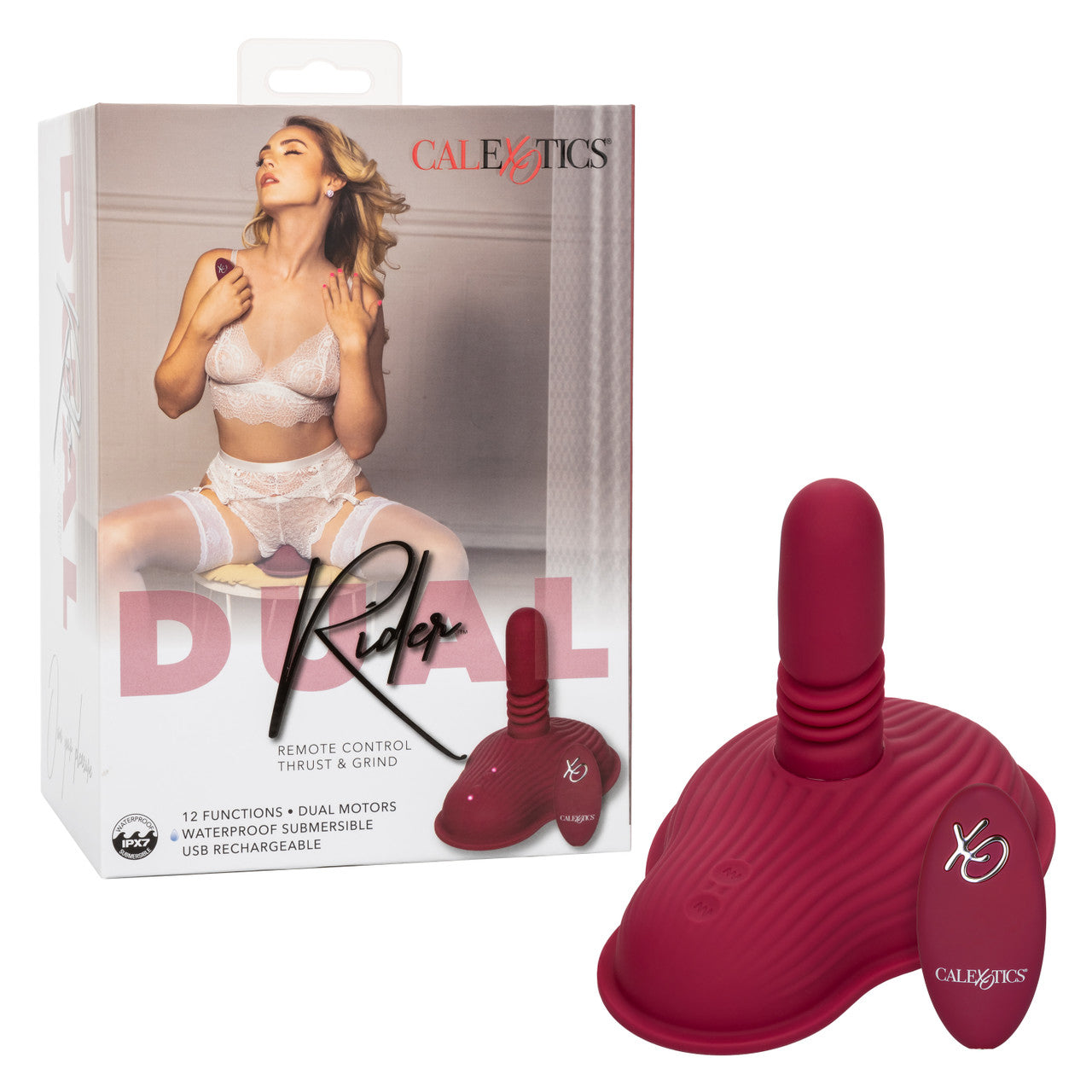 Dual Rider Remote Control Thrust and Grind Waterproof Rechargeable Silicone Massager in Burgundy Vibrating Pads