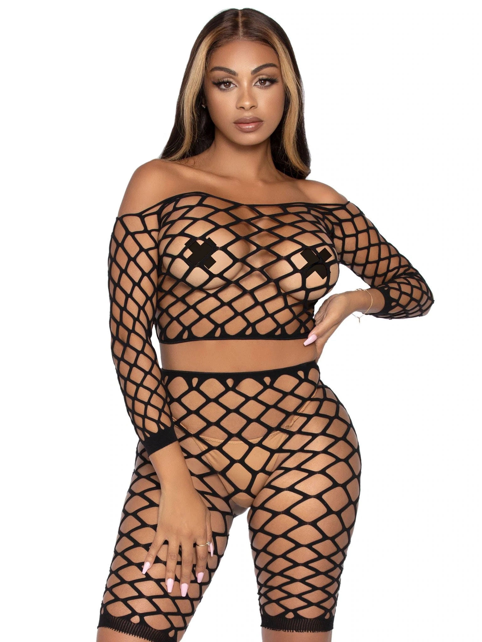 Black Net Crop Top and Bike Shorts Lingerie Set for Women > Clothes > Bra Sets