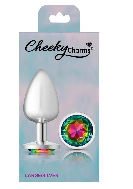 Cheeky Charms Silver Round Butt Plug with Rainbow Jewel Large > Anal Range > Jewel Butt Plugs