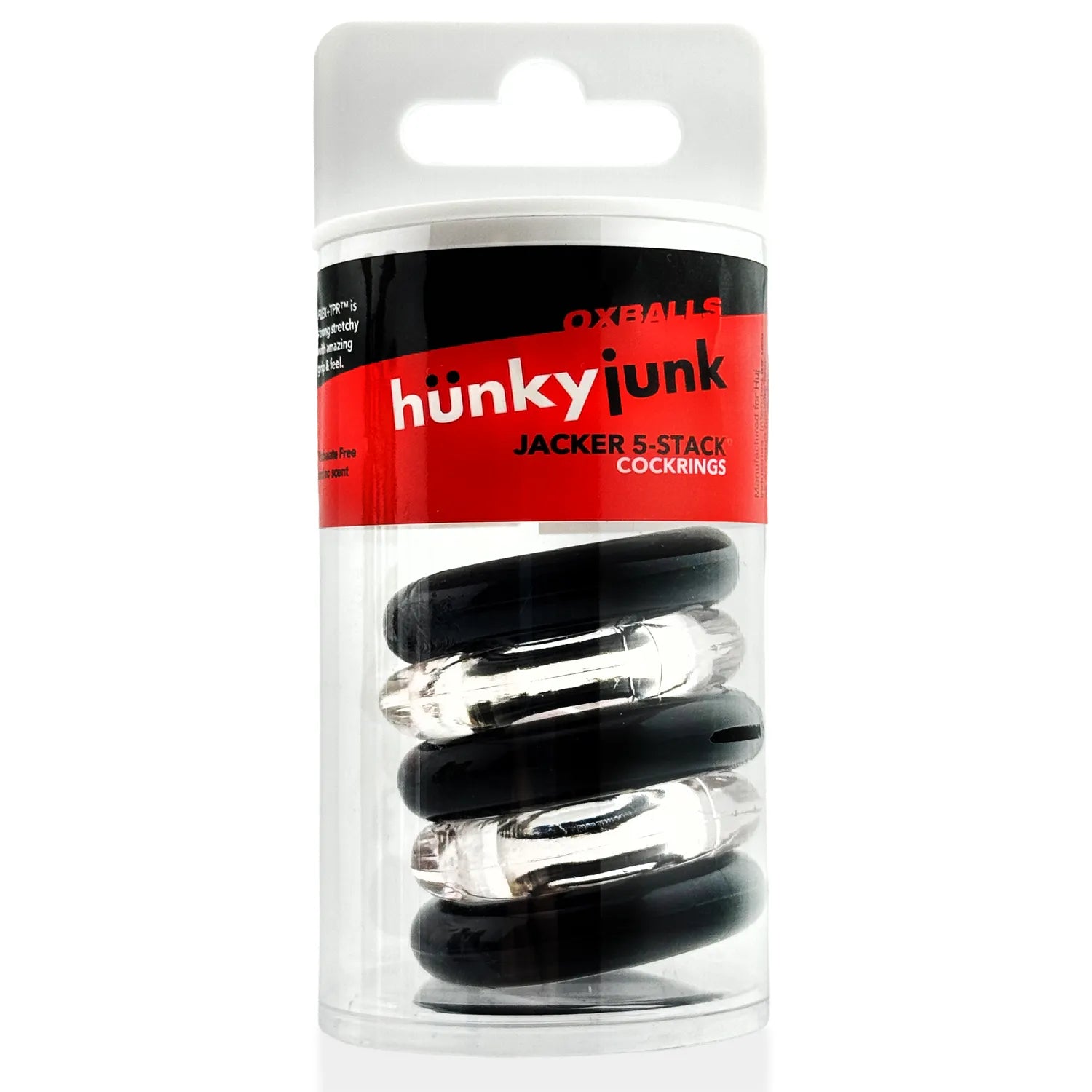 Jacker 5-Stack Five-Pack Tube Super-Strong Cockrings Clear Black Multi > Cock Ring > Sets