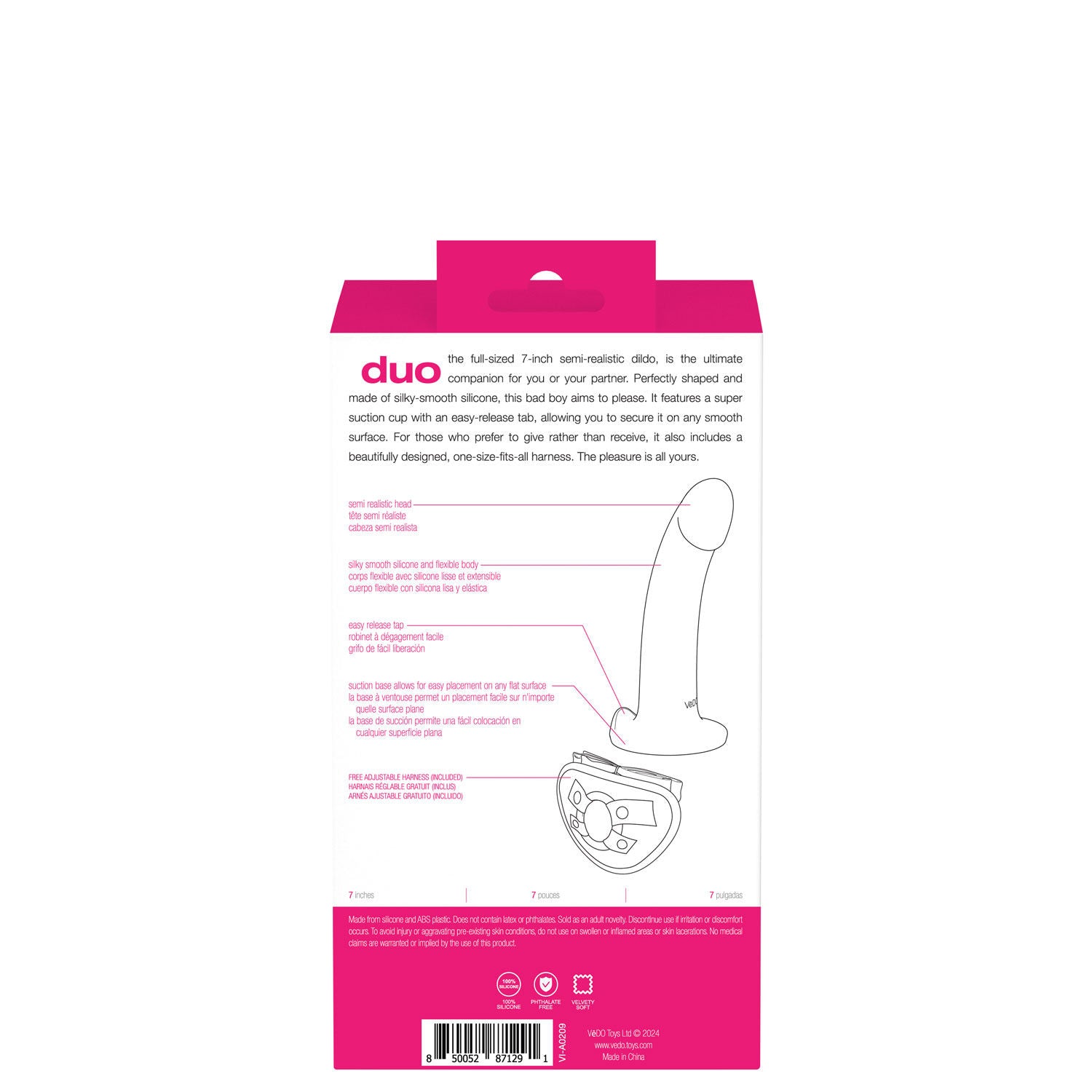 Duo Semi-Realistic 7 Inch Dildo With Harness Pink Purple Harnesses & Strap-Ons