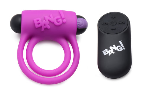 Bang Silicone Cock Ring and Bullet - USB Rechargeable Vibrating Cock Ring with Wireless Remote in Black Purple Cock Rings Vibrating