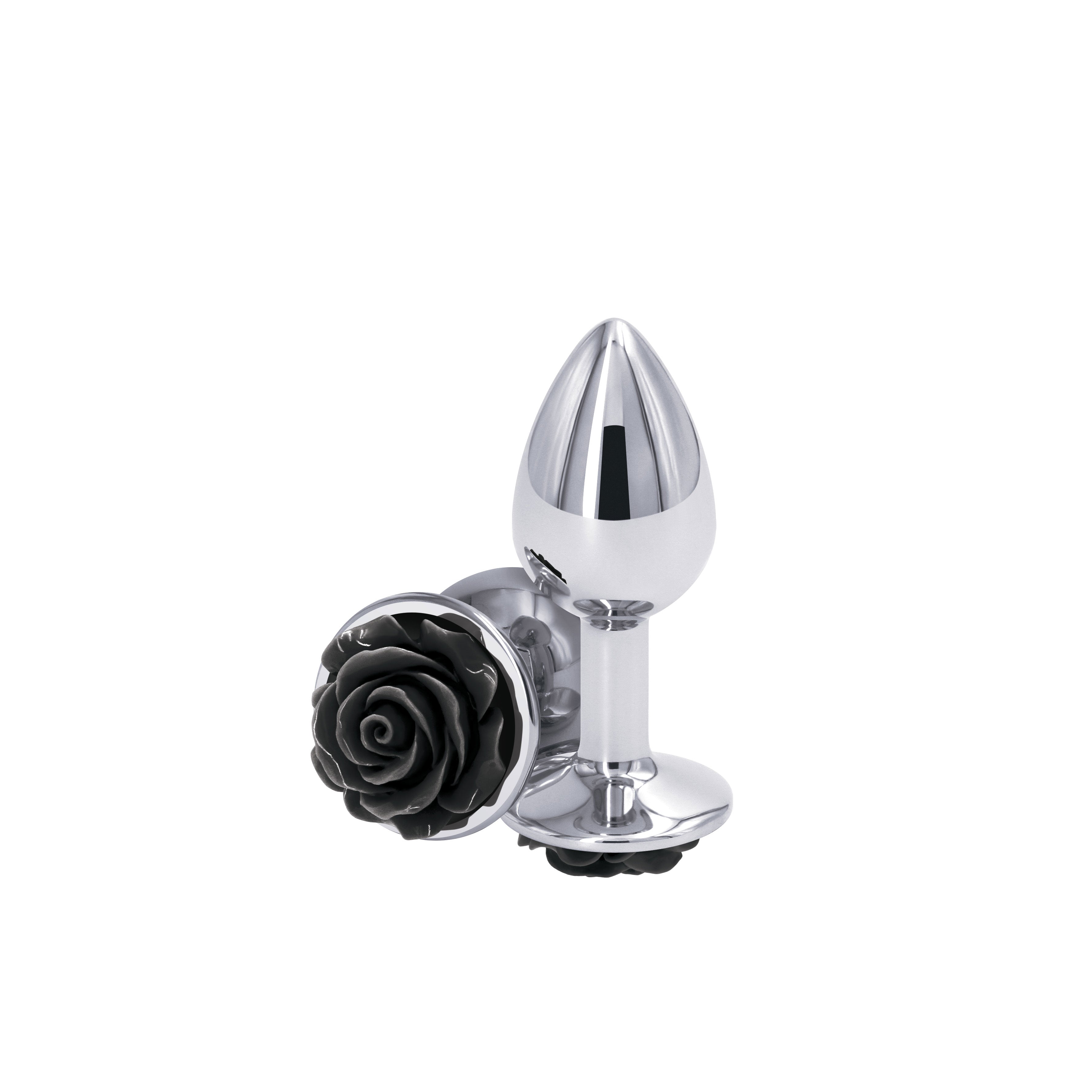 Rear Assets Rose Small 7.6 cm Metal Butt Plug with Black Rose Base Silver Butt Plugs