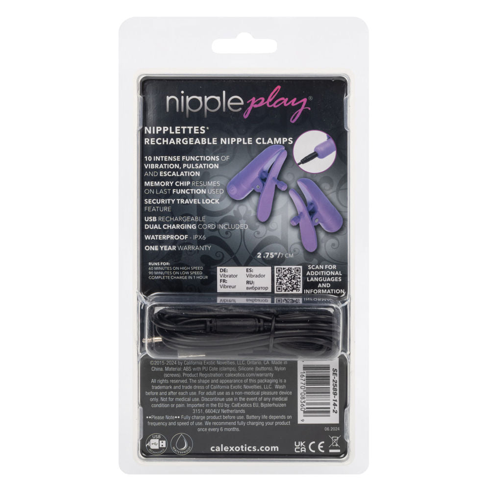 Purple Rechargeable Nipple Clamps with Adjustable Vibrations Nipple Clips