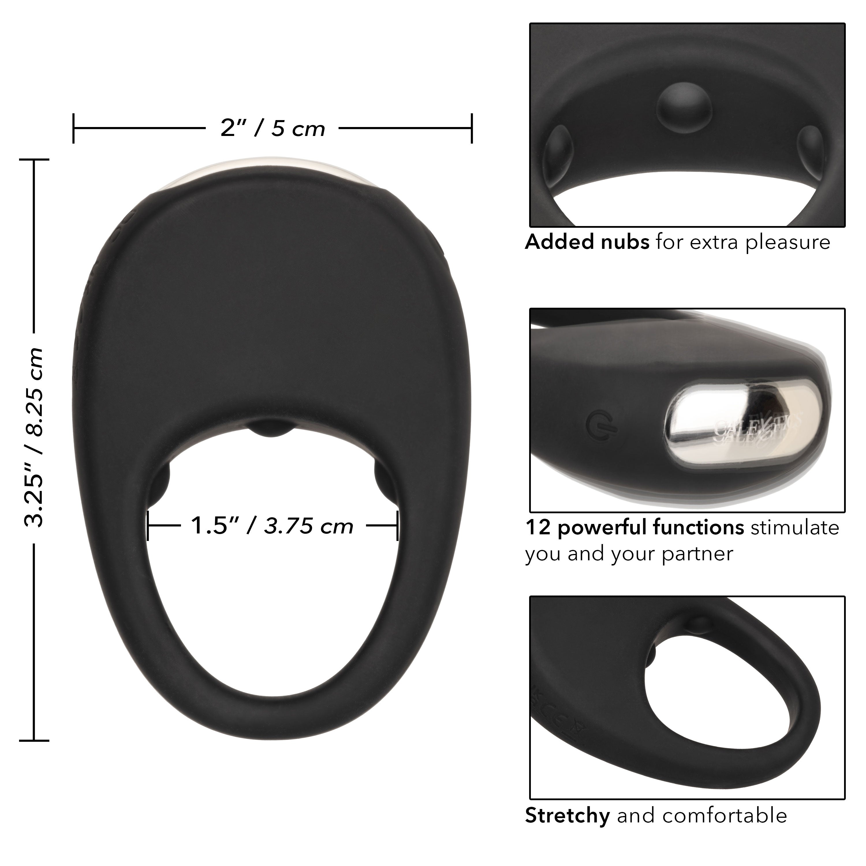 CalExotics Silicone Rechargeable Pleasure Ring Black with 12 Intense Vibration Functions Waterproof Cock Rings Vibrating
