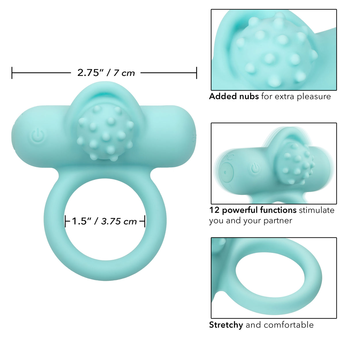 Silicone Nubby Lover’s Delight Ring in Aqua Blue with 12 Intense Vibration Functions > Cock Ring > Vibrating