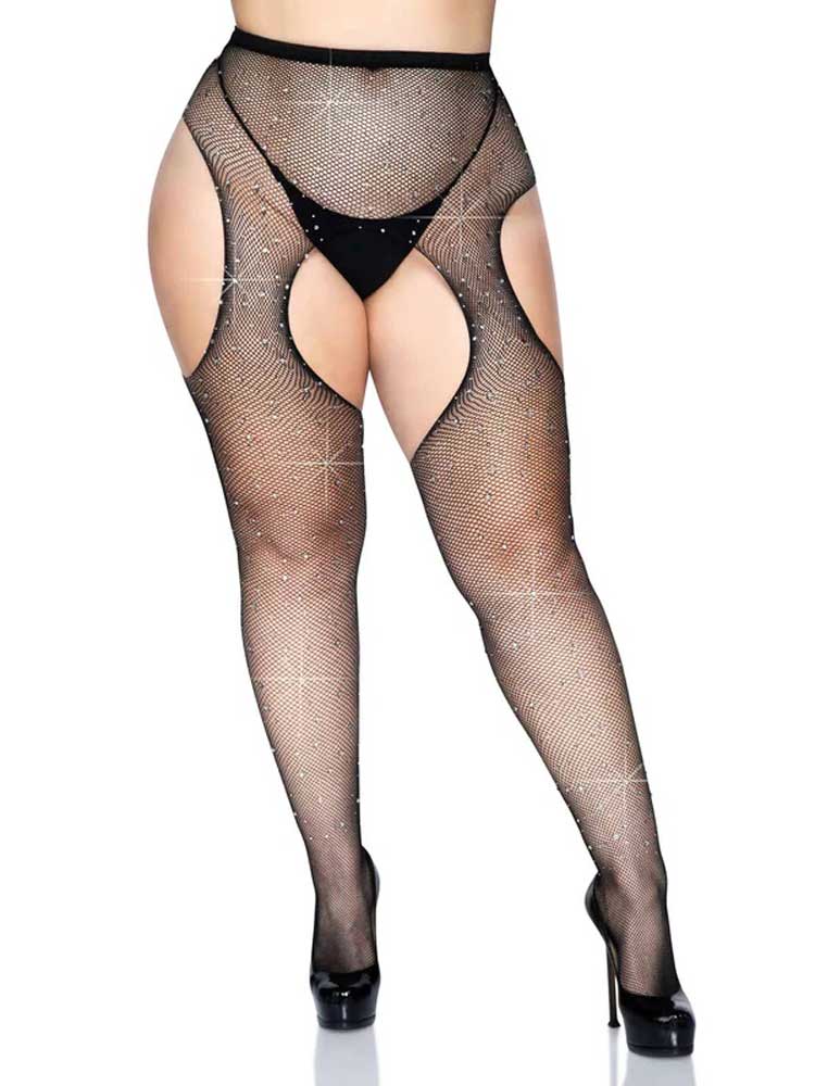 Leg Avenue Casey Rhinestone Fishnet Suspender Pantyhose Black – Luxe Lingerie Accessories Hosiery