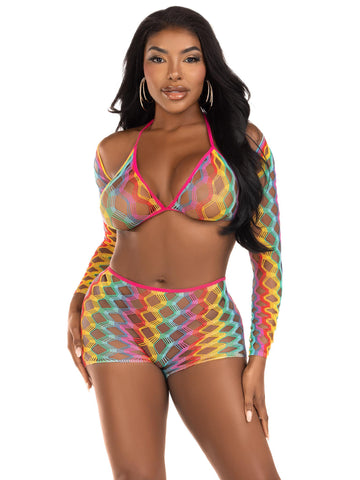 3 Pc Multicolor Net Bra Top Shrug and Boy Shorts Set Panties