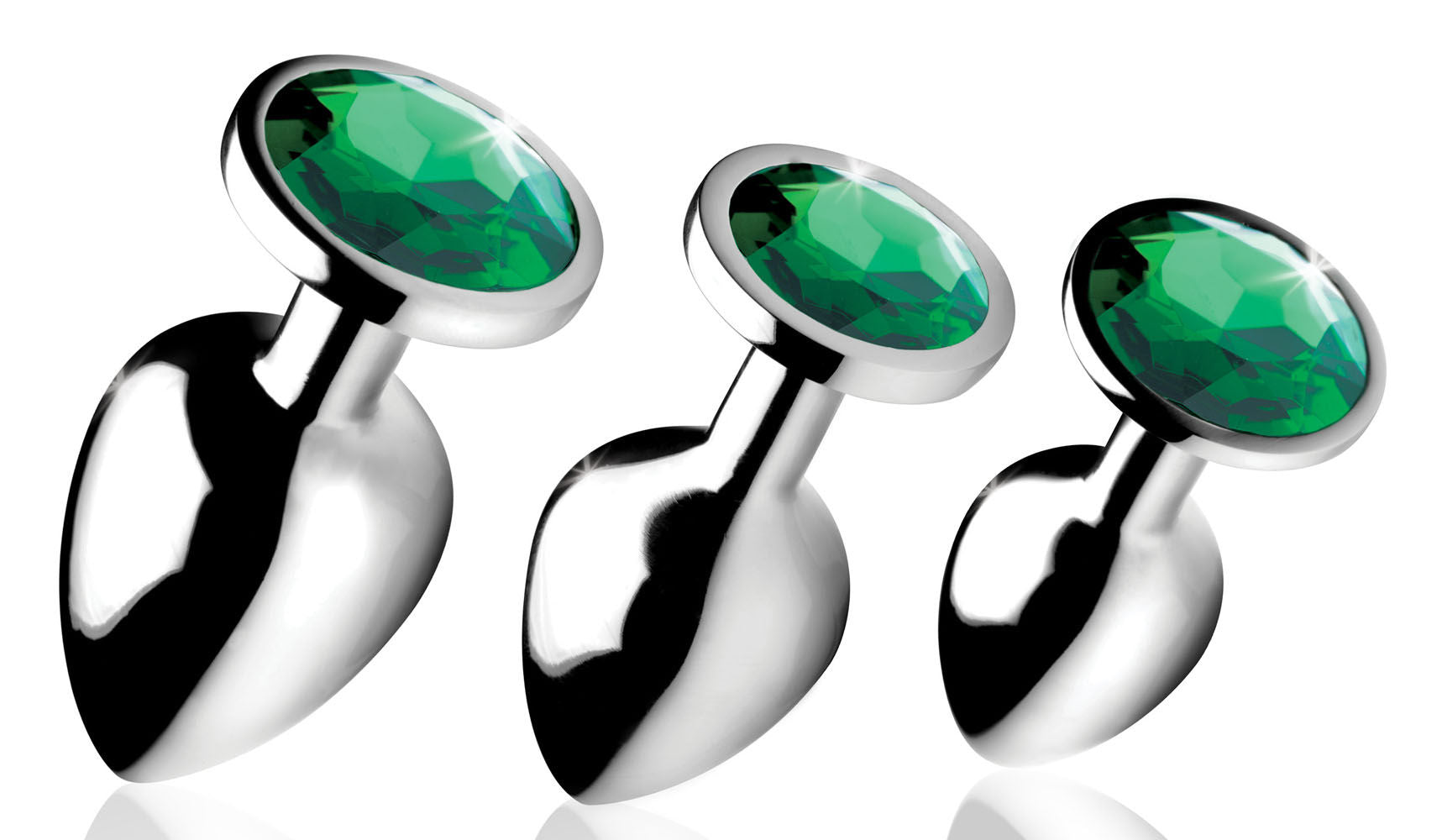 Emerald Gem Chrome Plated Steel Anal Plug Set – Small 2.6", Medium 3.2", Large 3.8" > Anal Range > Jewel Butt Plugs